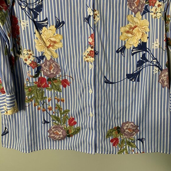 Chicos No Iron Blue White Striped Floral Button Down Shirt Womens Size 2 12/14 - Picture 5 of 10